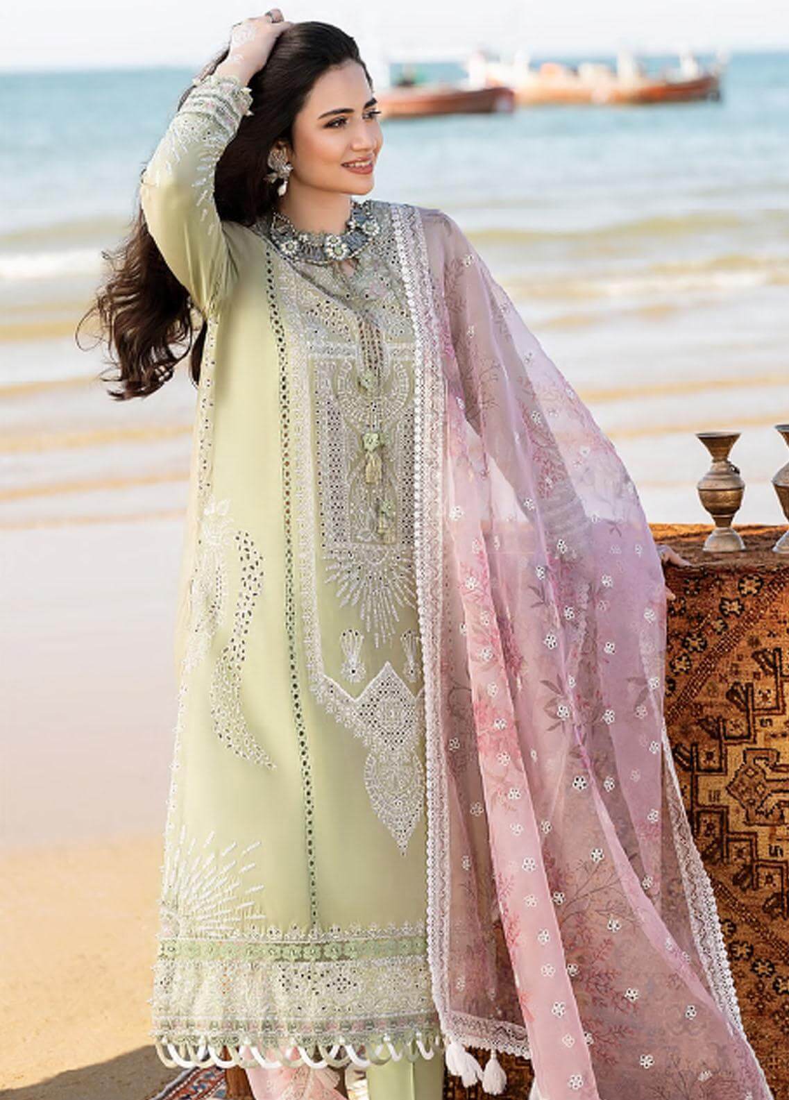 LF-CH10 Embroidered ChickenKari Lawn Suit With Printed Organza Dupatta