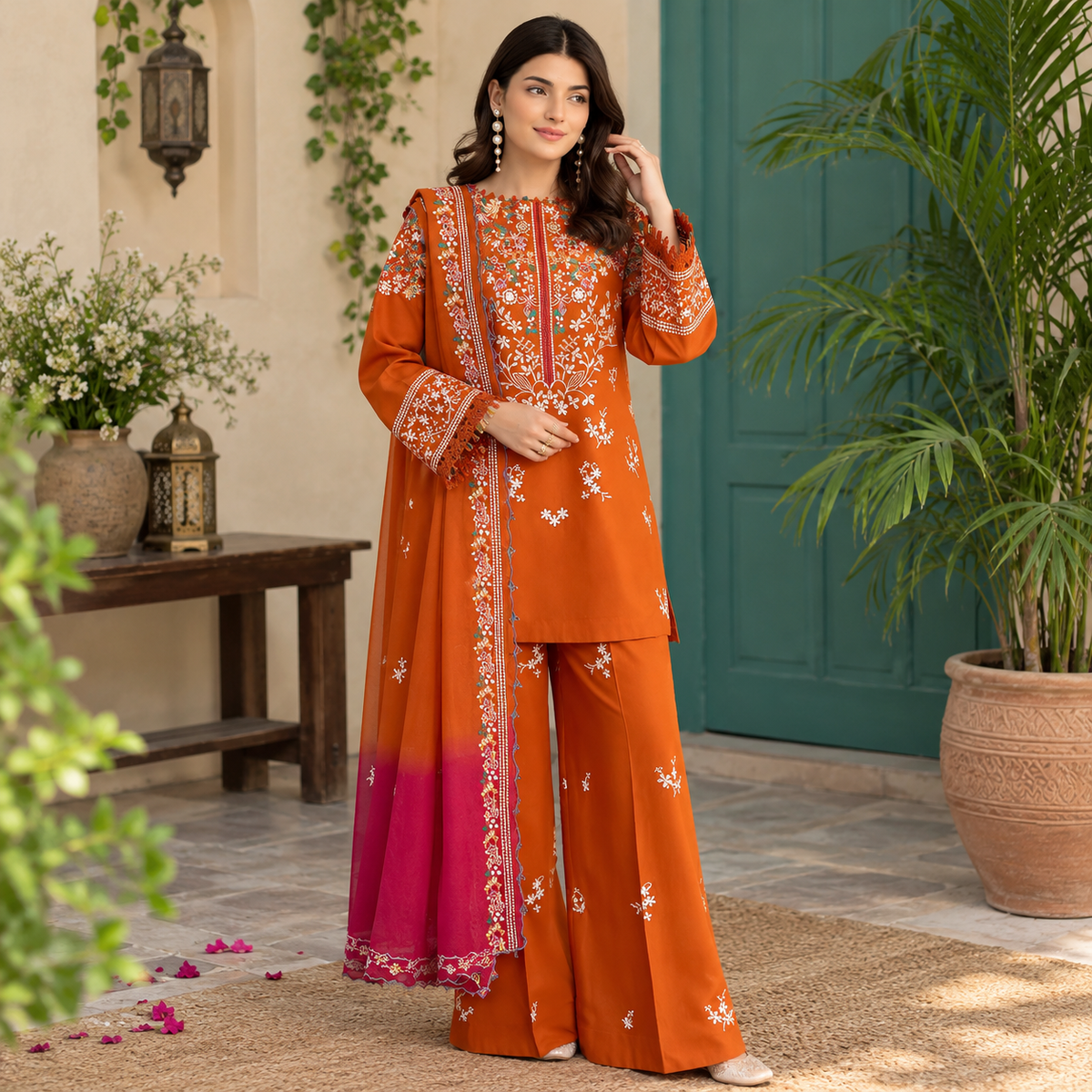 LF-BT3125 Unstitched Fully Embroidered Dhanak Suit With Embroidered Dhanak Shawl