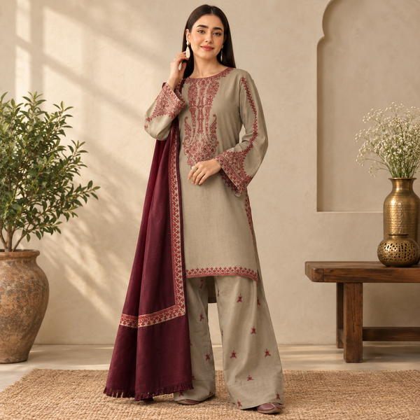 LF-KD910 Unstitched Heavy Embroidered Dhanak Suit With Embroidered Dhanak Shawl
