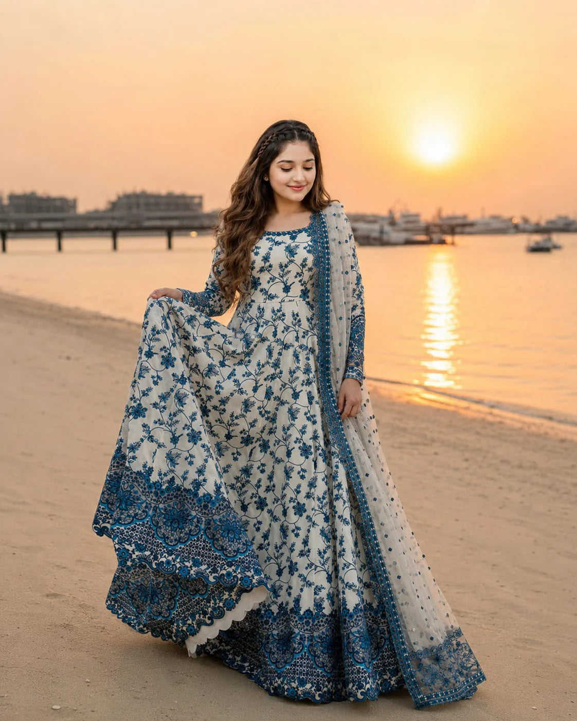 Highly Recommended LF-FS1000 Lawn Unstitched Frock Fully Embroidered 3pc Suit With Organza Embroidered Dupatta