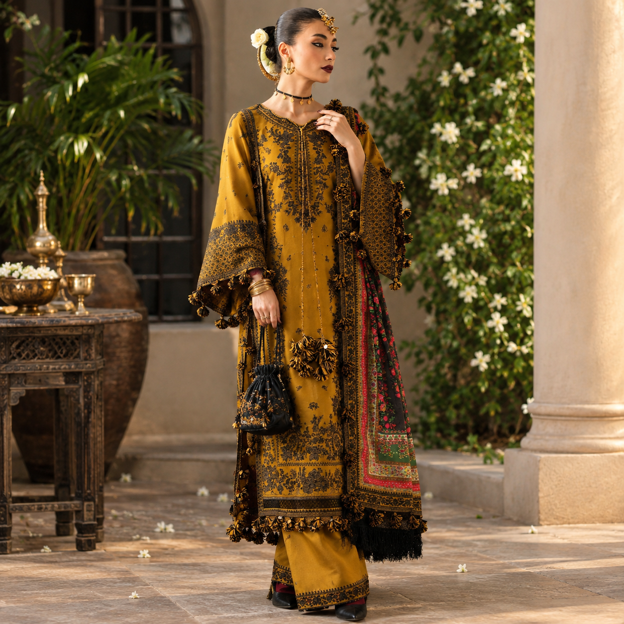 LF-HR3045 Unstitched Fully Embroidered Dhanak Suit With Digital Printed Wool Shawl