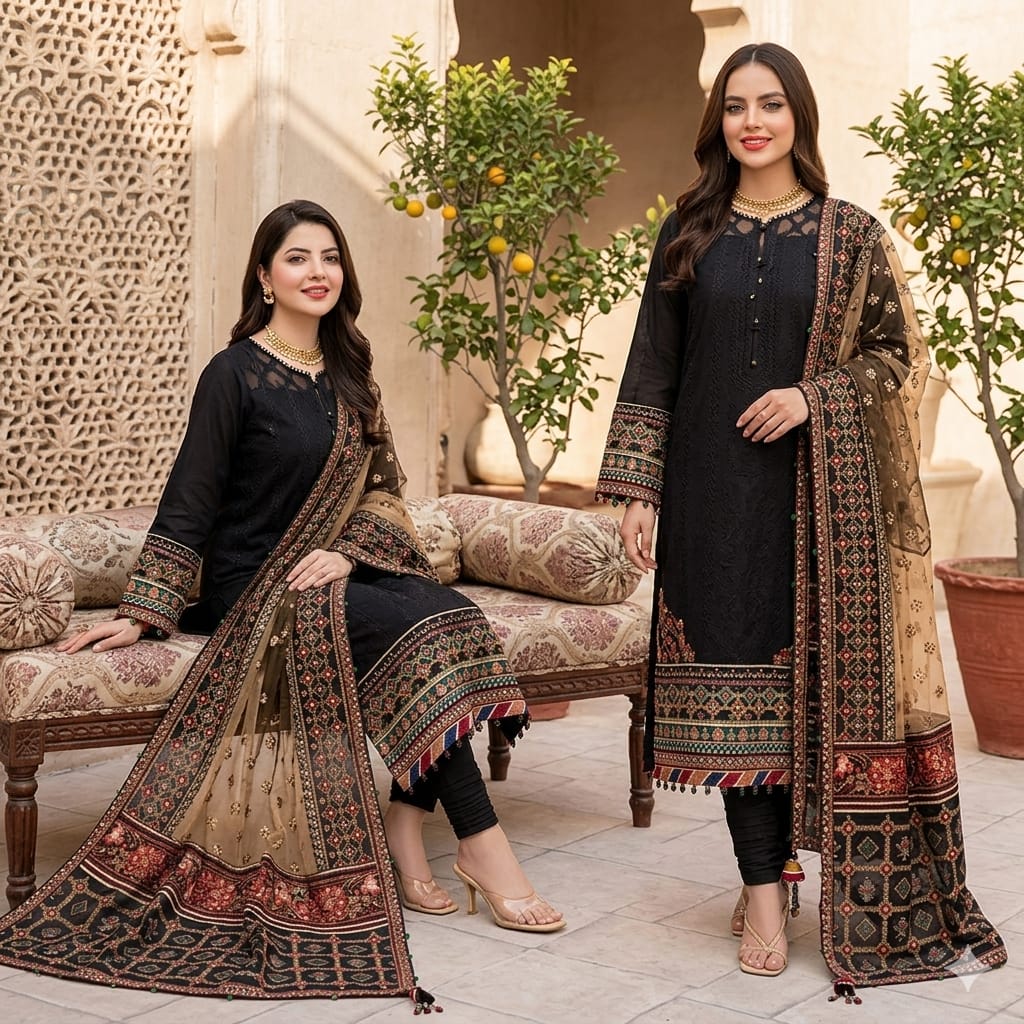 LF-BQ14 Lawn Unstitched Embroidered 3pc Suit With Organza Embroidered Dupatta