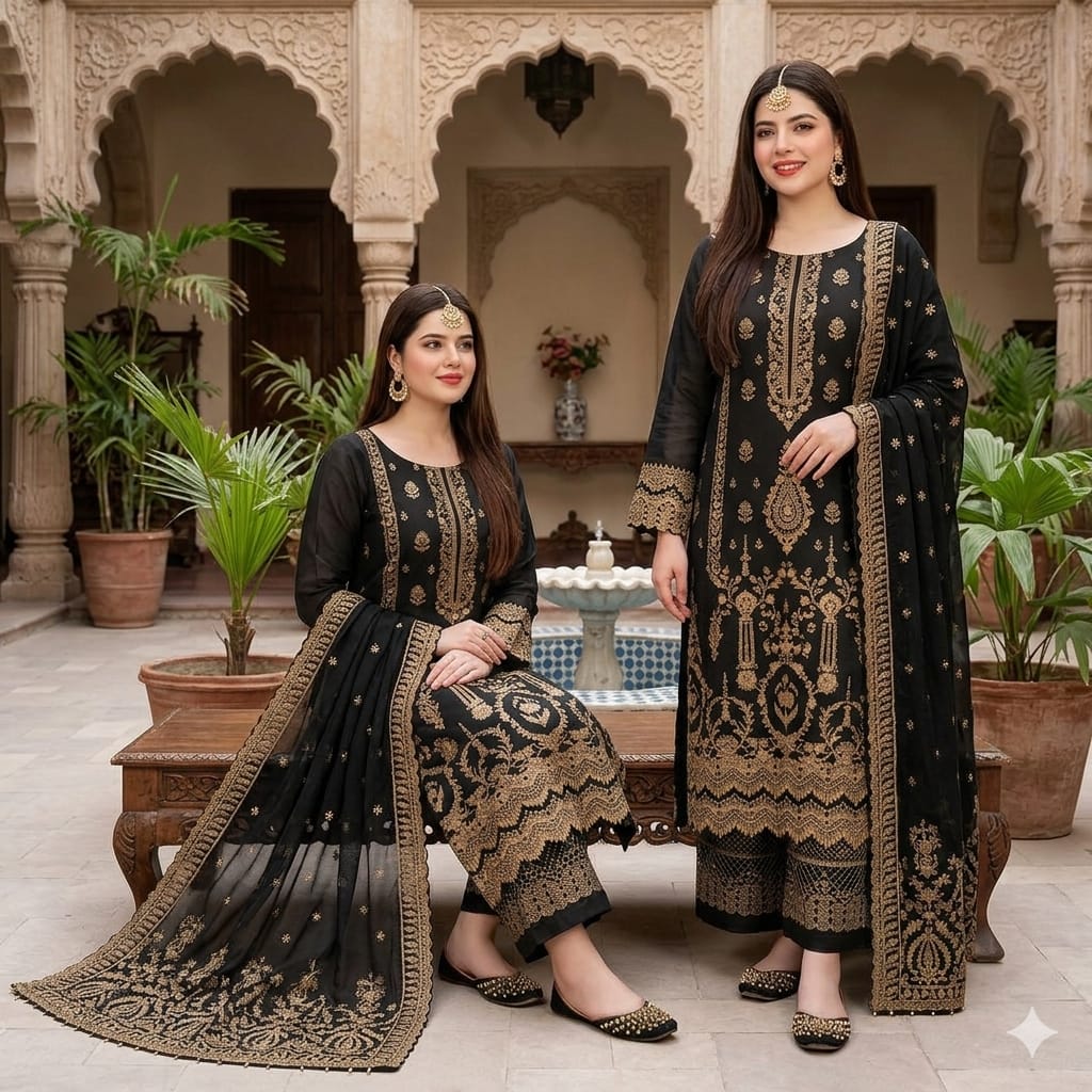 LF-LM56 3Pc Unstitched Embroidered Lawn Suit With Organza Embroidered Dupatta