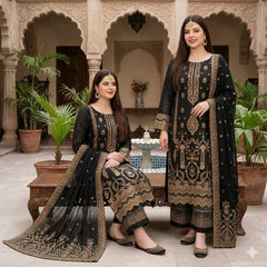 LF-LM56 3Pc Unstitched Embroidered Lawn Suit With Organza Embroidered Dupatta
