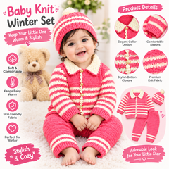Baby Girls Pink & Cream Knitted Winter Set – Sweater, Pajama & Matching Cap