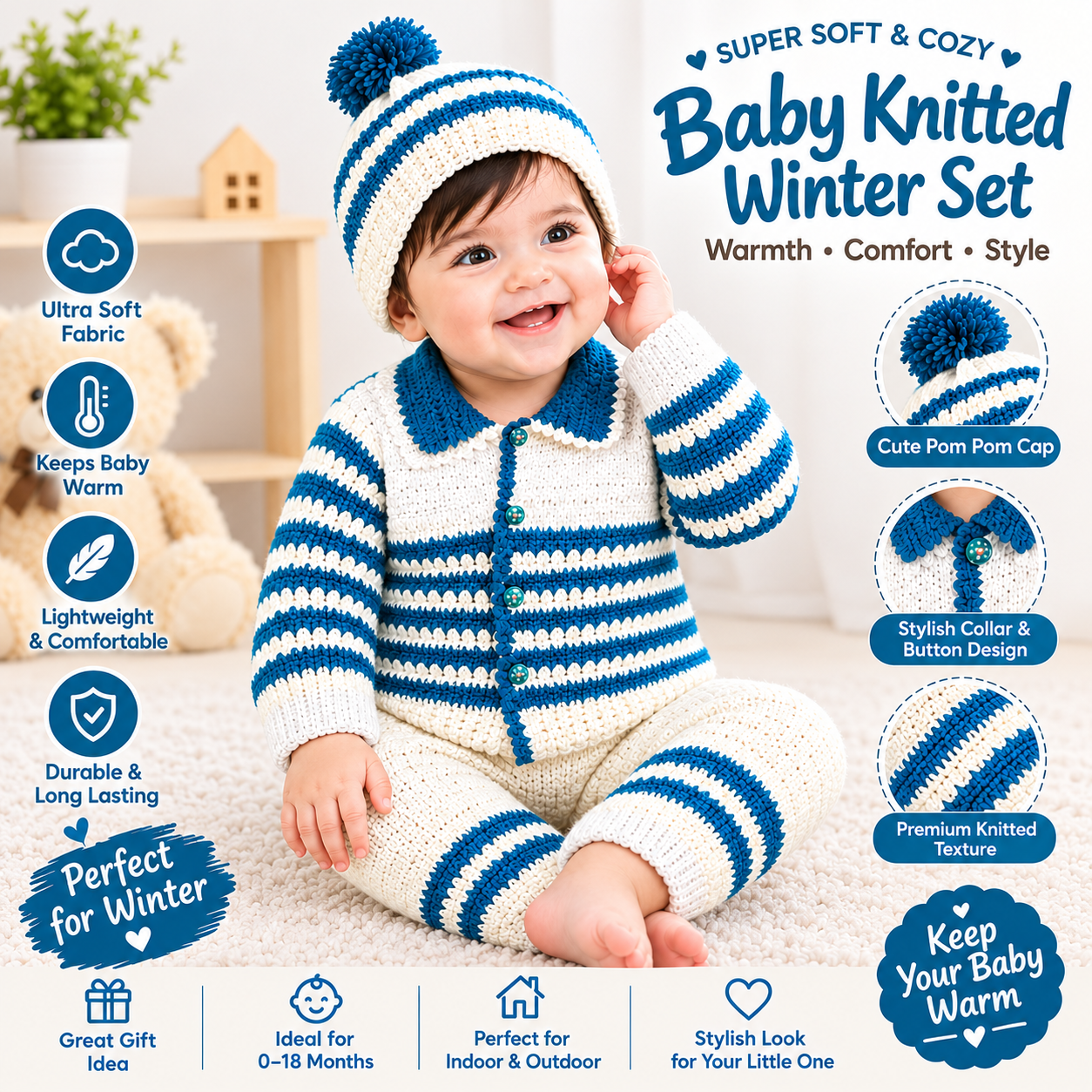 Baby Knitted Winter Set for Infants – Blue & White Striped Sweater, Matching Pajama & Pom Pom Cap