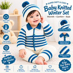 Baby Knitted Winter Set for Infants – Blue & White Striped Sweater, Matching Pajama & Pom Pom Cap