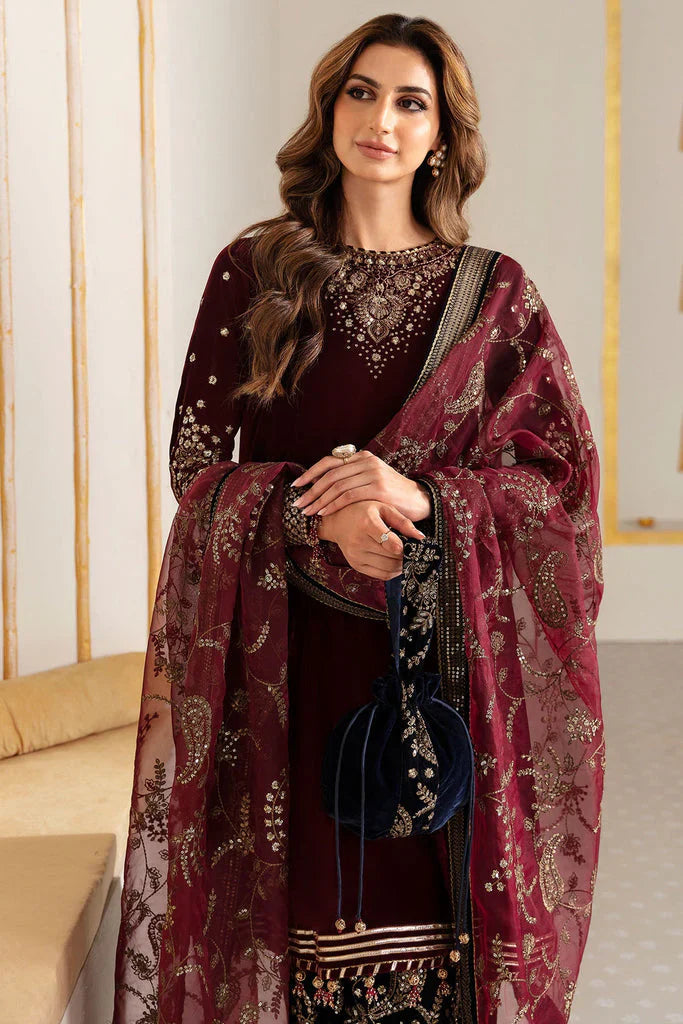 SR-1015 Sequence Embroidered 9000 Micro Velvet 3Pc With Organza Embroidered Dupatta
