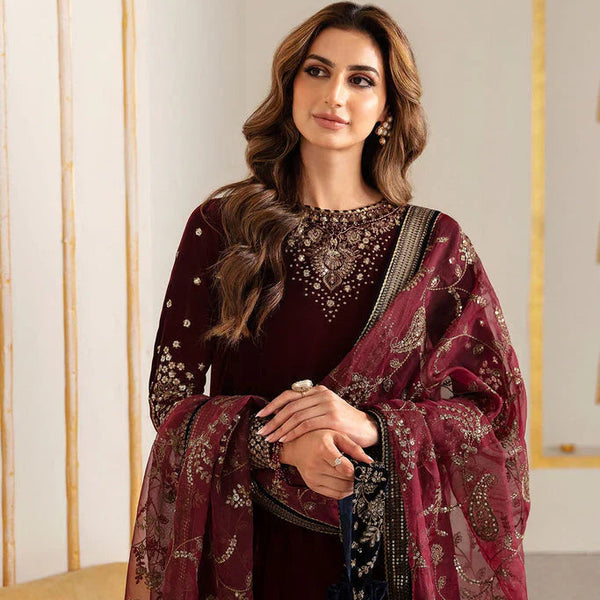 SR-1015 Sequence Embroidered 9000 Micro Velvet 3Pc With Organza Embroidered Dupatta