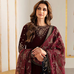 SR-1015 Sequence Embroidered 9000 Micro Velvet 3Pc With Organza Embroidered Dupatta