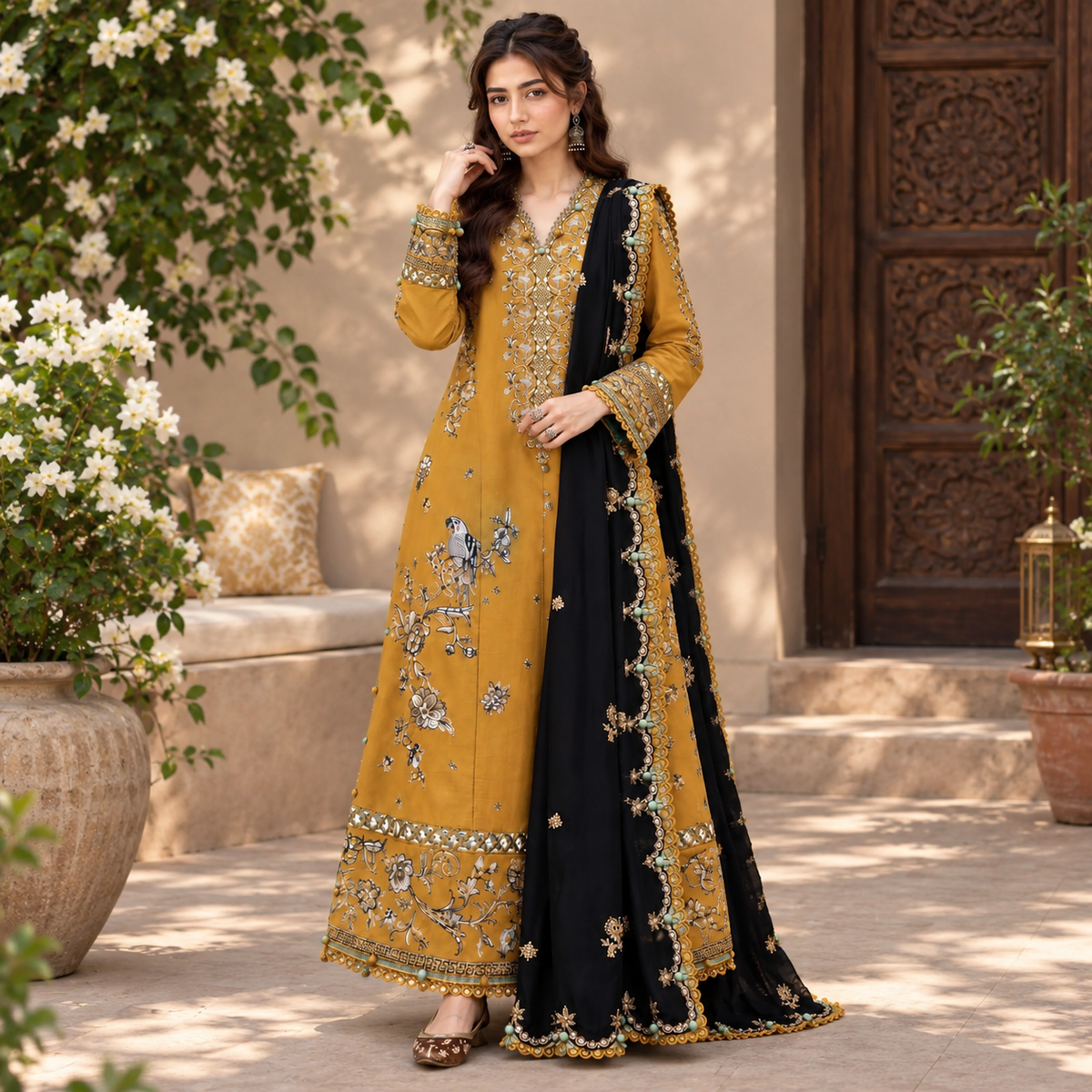 LF-ZH3060 Dhanak Unstitched Fully Embroidered 3pc Suit With Fully Embroidered Dhanak Shawl