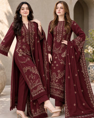 LF-NS40 (Mehroon) (8.2 Meters) Un-Stitched Dhanak Embroidered Suit With Dhanak Embroidered Shawl