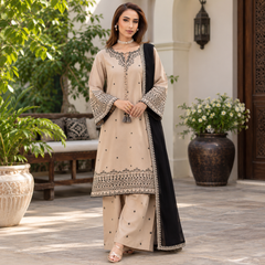 LF-BT2985 Unstitched 3Pc Sequence Embroidered Dhanak Suit With Sequence Embroidered Dhanak Shawl