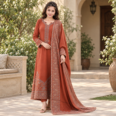 LF-BT2880(B) Unstitched Fully Embroidered Dhanak Suit With Embroidered Dhanak Shawl
