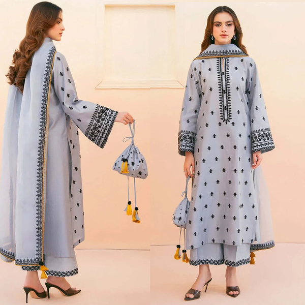 LF-AS2775 Unstitched Embroidered Lawn 3pc Suit With Organza Embroidered Dupatta
