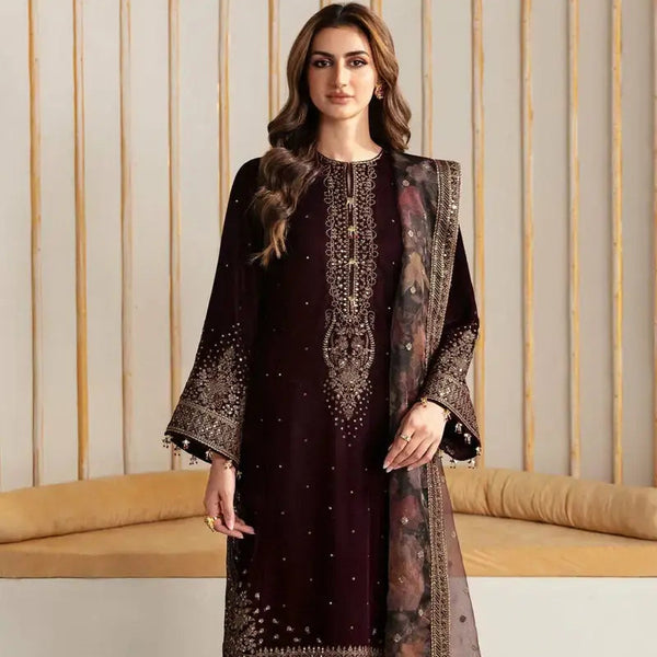 SR-1015 Sequence Embroidered 9000 Micro Velvet 3Pc With Organza Embroidered Dupatta