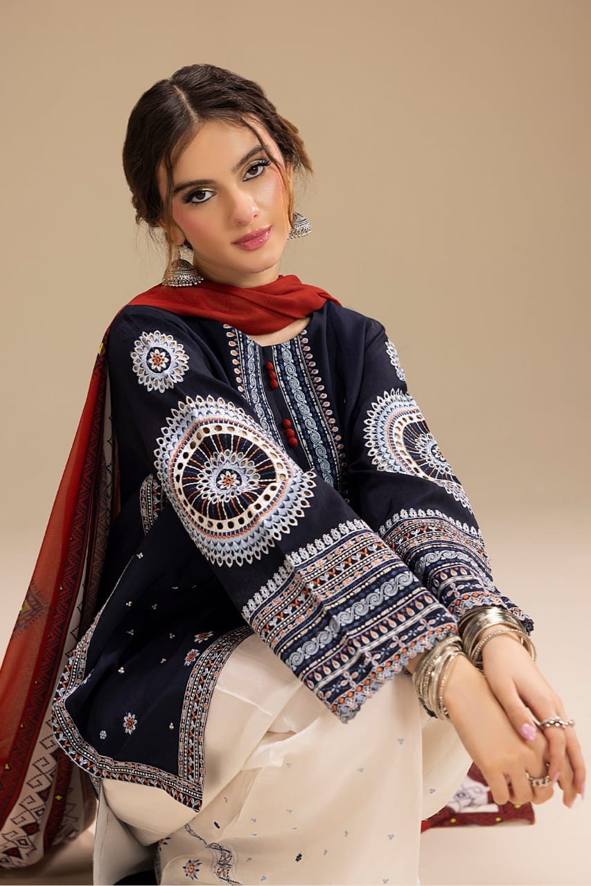 LF-RR610 Unstitched Fully Embroidered Lawn Suit With Digital Printed Monar Dupatta