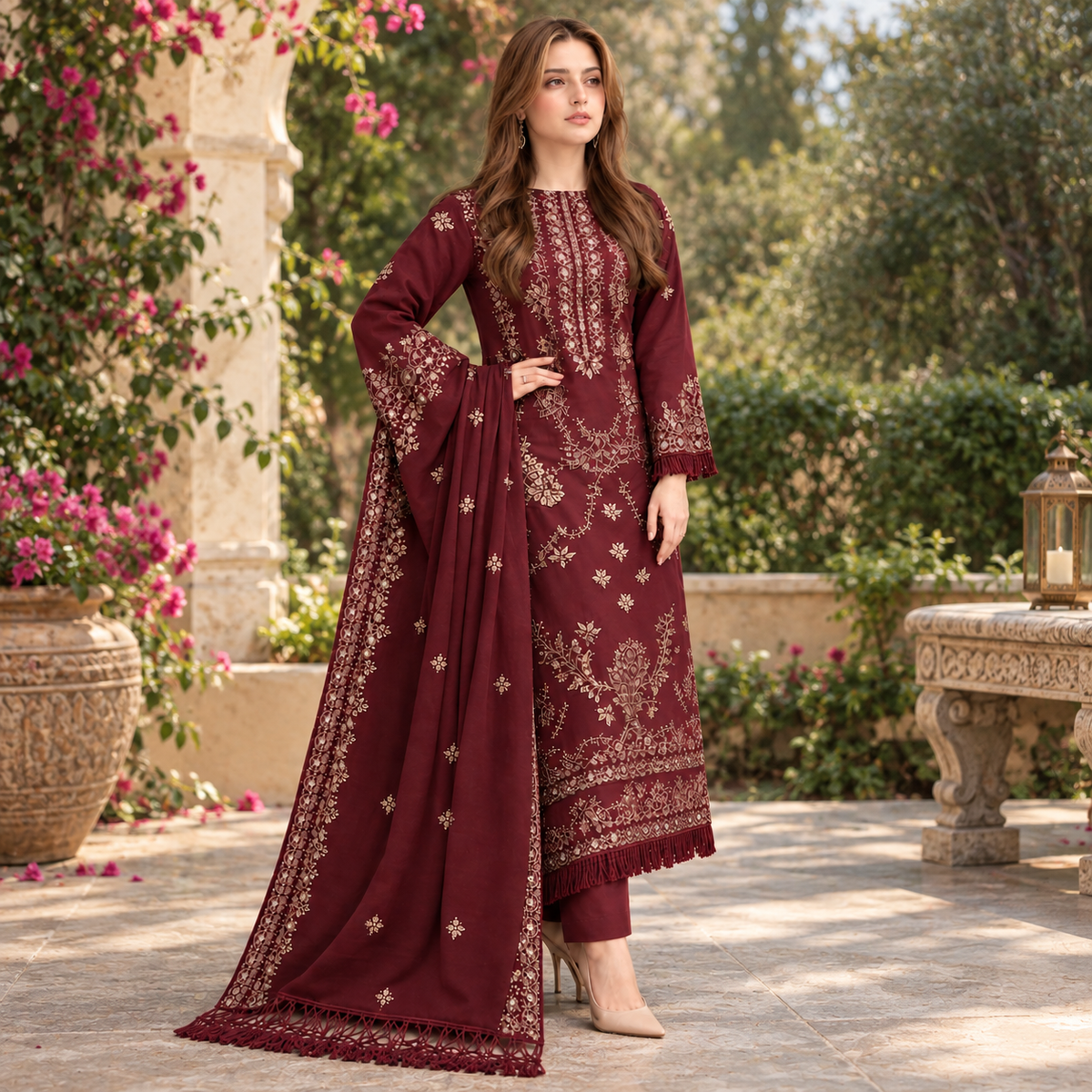LF-NS40 (Mehroon) (8.2 Meters) Un-Stitched Dhanak Embroidered Suit With Dhanak Embroidered Shawl