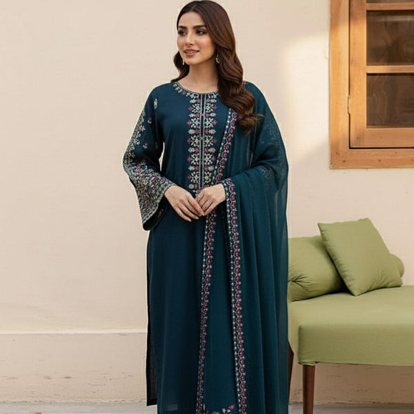 SR-LM585 Unstitched Embroidered Dhanak Suit 3pc With Embroidered Dhanak Shawl