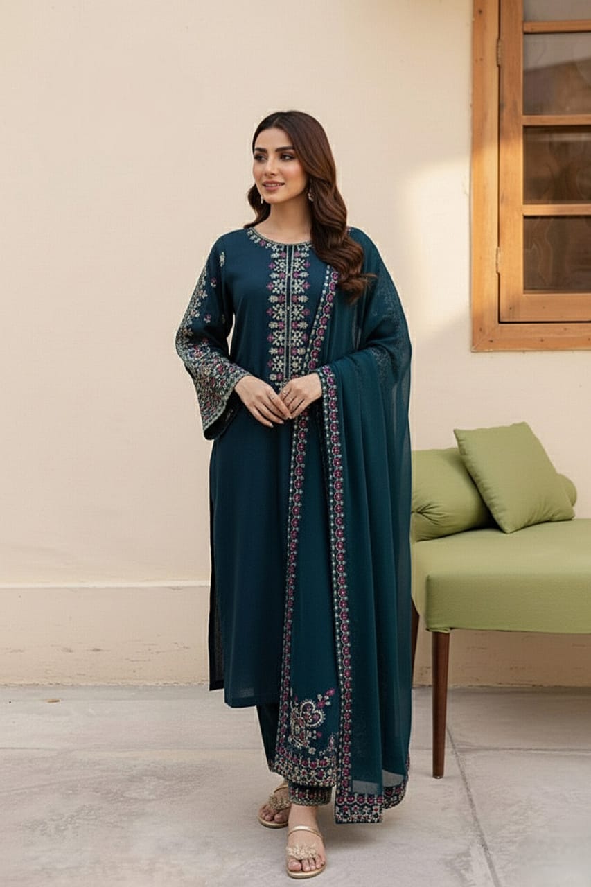 SR-LM585 Unstitched Embroidered Lawn Suit 3pc With Bamber Chiffon Embroidered Dupatta