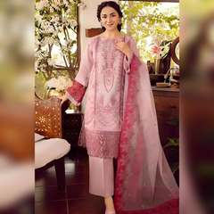 LF-RA46 Embroidered Unstitched Lawn 3Pc Suit With Organza Embroidered Dupatta