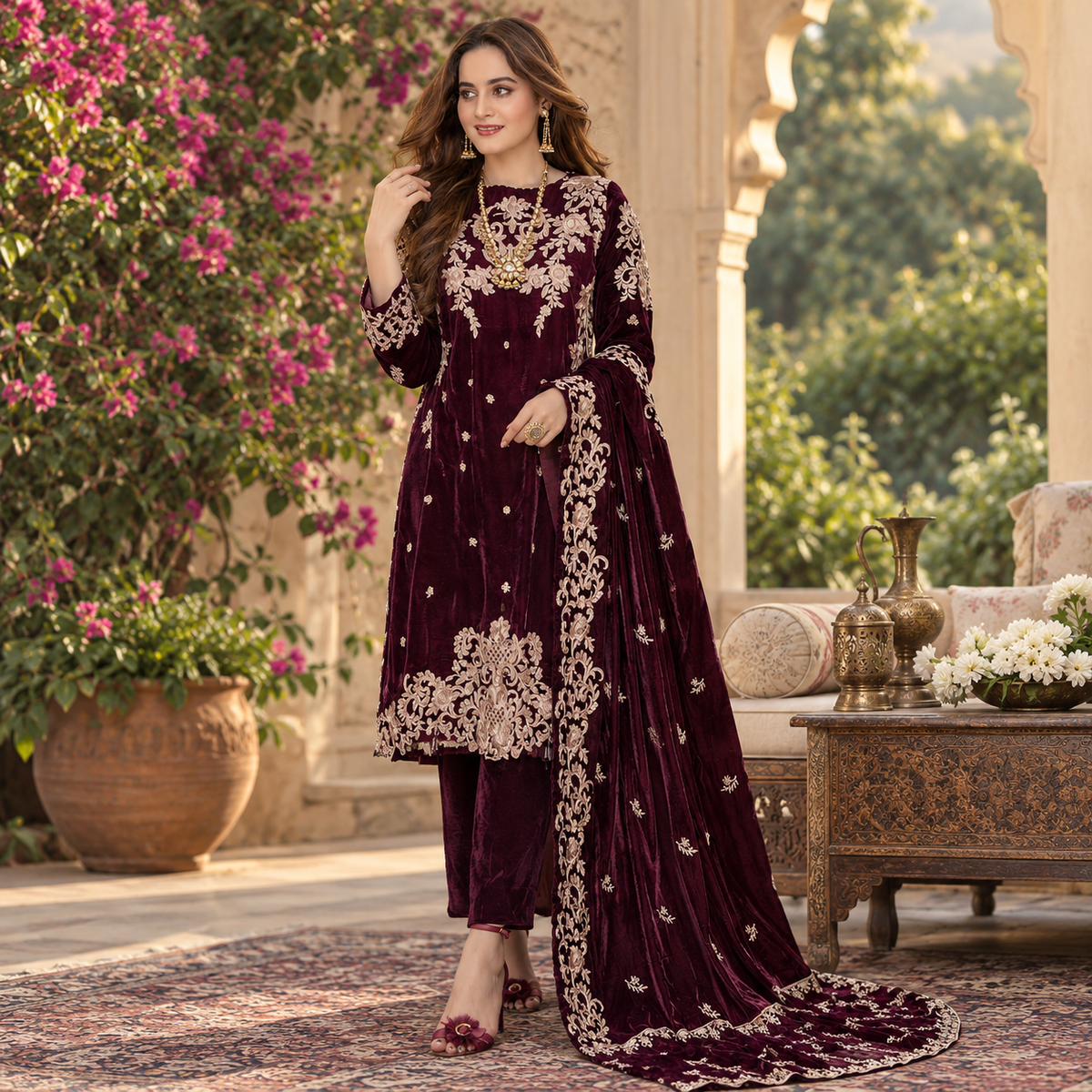 SR-1004 Sequence Embroidered Micro 9000 Gram Velvet 3Pc With Velvet Embroidered Shawl