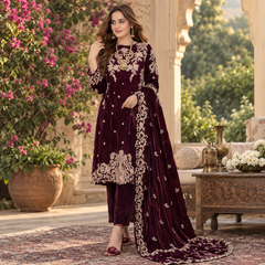 SR-1004 Sequence Embroidered Micro 9000 Gram Velvet 3Pc With Velvet Embroidered Shawl