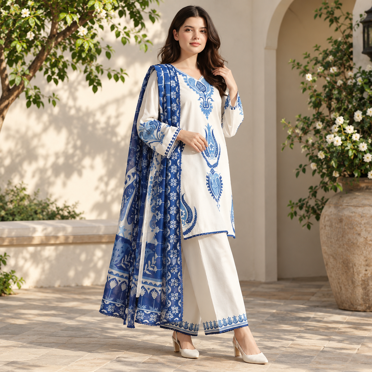 LF-LM3105 Dhanak Unstitched Fully Embroidered 3pc Suit With Diamond Wool Digital Printed Shawl