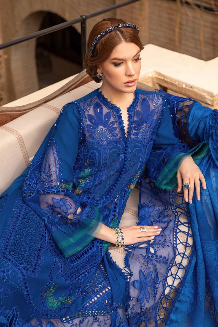 SR-2590 Lawn Unstitched Embroidered 3pc Suit With Organza Embroidered Dupatta