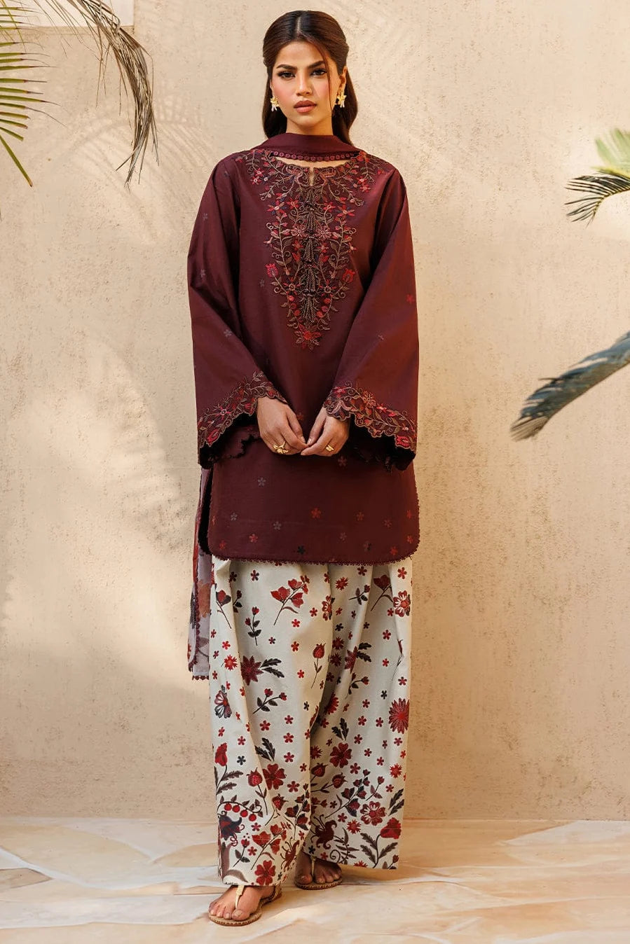 LF-IZ236 Neckline & Sleeves Embroidered Digital Printed Lawn Suit 3pc With Monar Digital Printed Dupatta