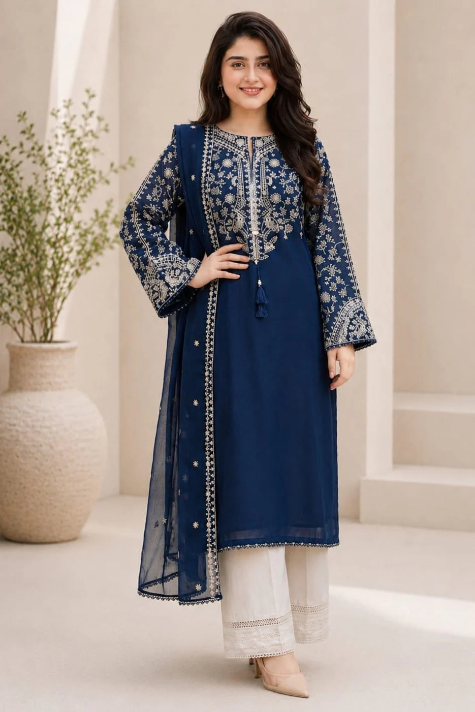 LF-BT2835 Unstitched Fully Embroidered Lawn Suit With Embroidered Bamber Chiffon Dupatta