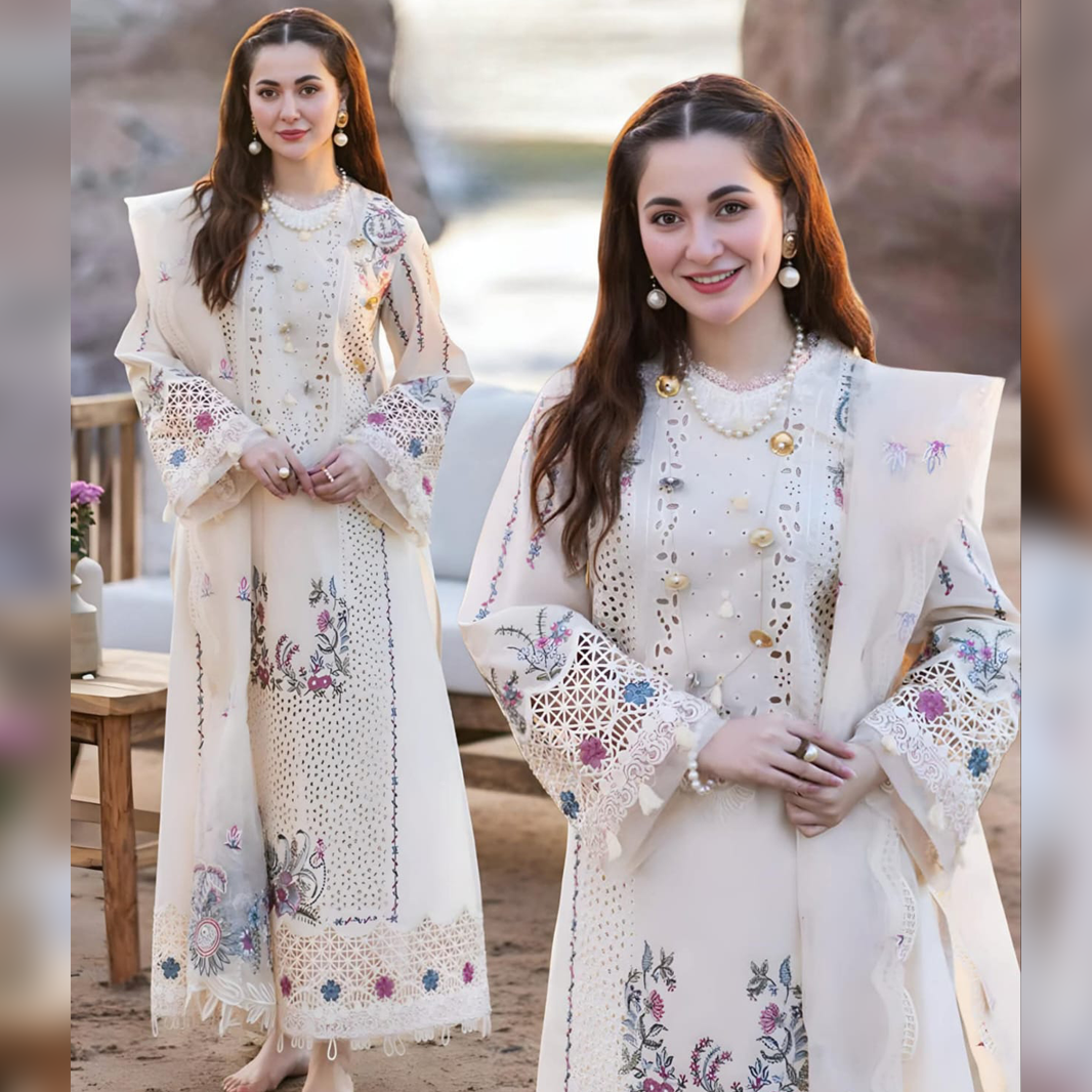 LF-QL2605 Lawn Unstitched Embroidered 3pc Suit With Organza Embroidered Dupatta