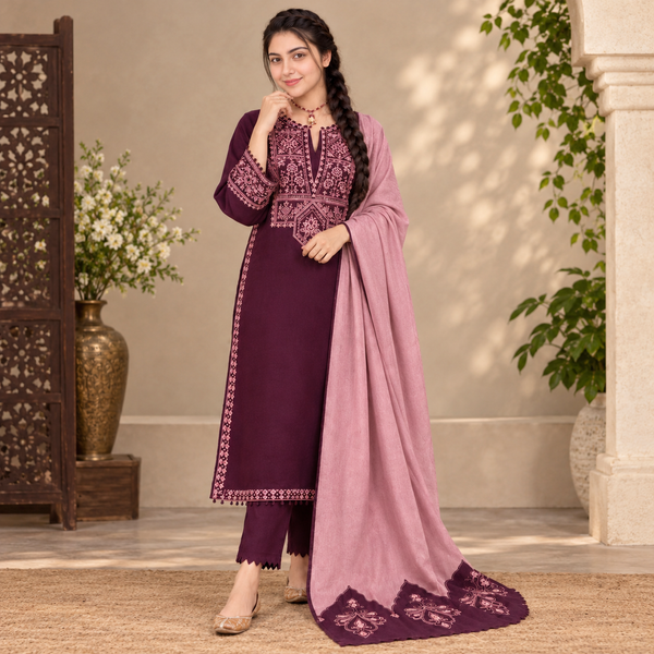 LF-RP605 Unstitched Embroidered Dhanak Suit With Embroidered Dhanak Shawl