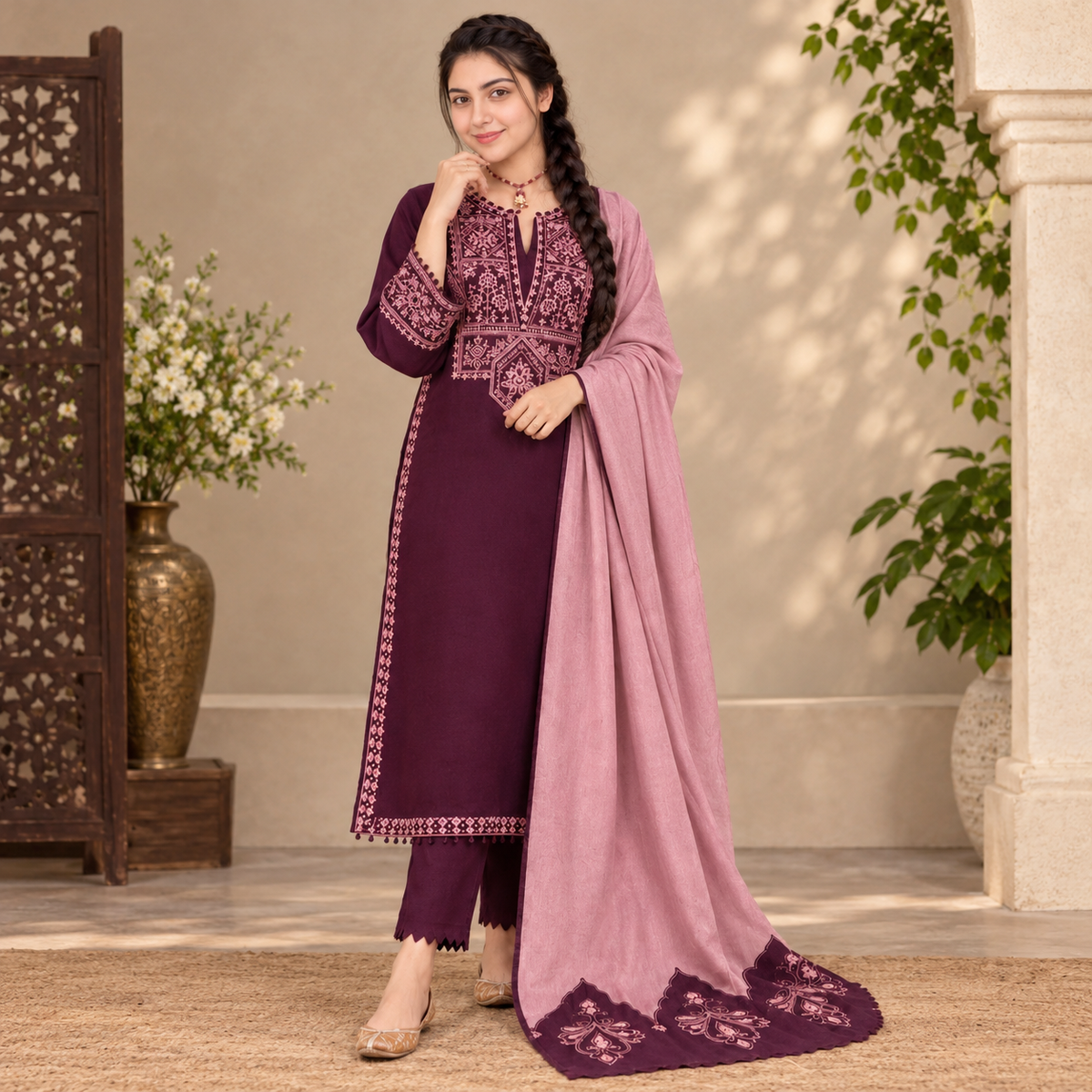 LF-RP605 Unstitched Embroidered Dhanak Suit With Embroidered Dhanak Shawl
