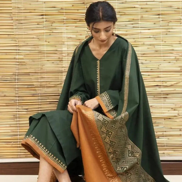 SR-1075 3Pc Unstitched Dhanak Suit with Printed Woolen Shawl