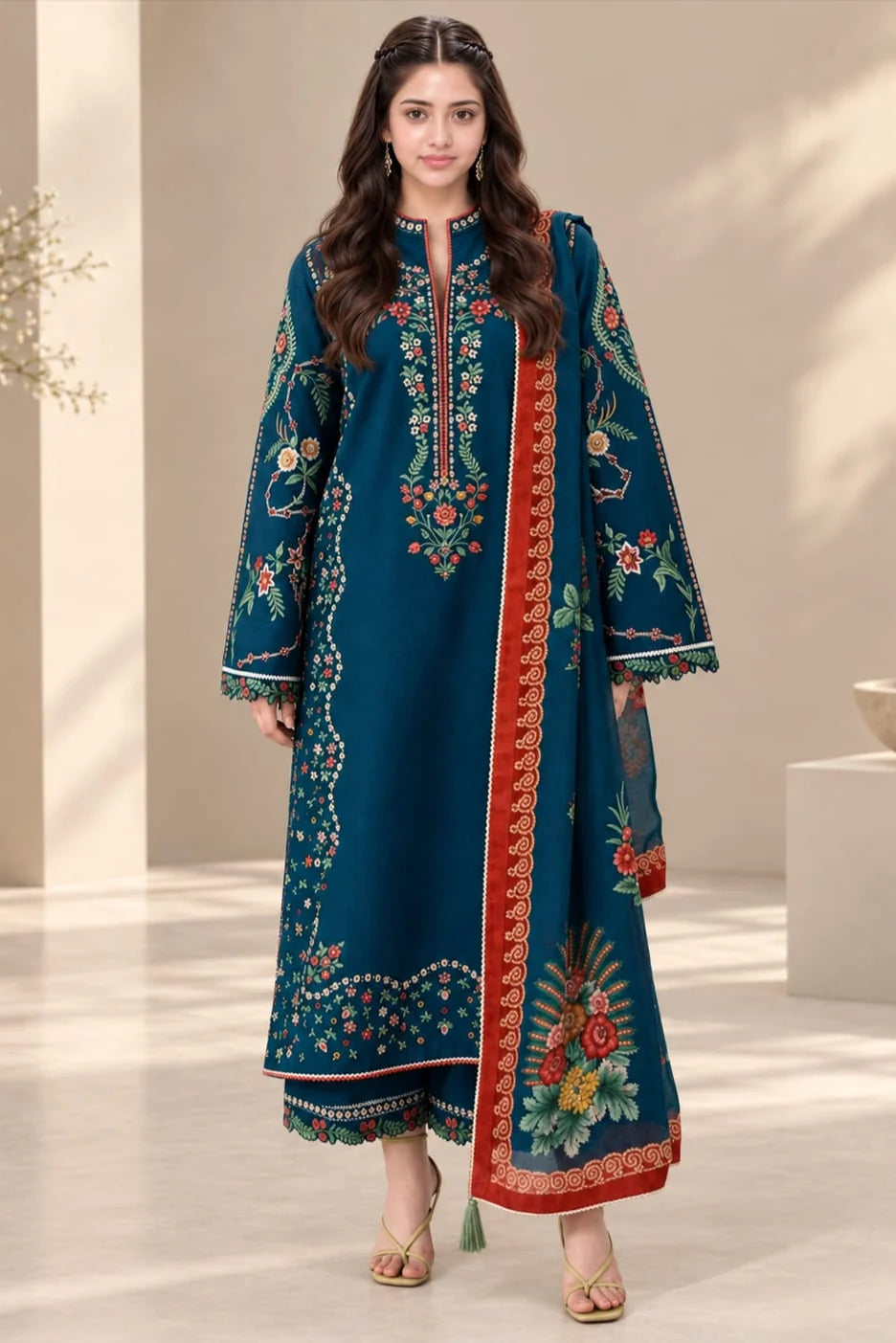 LF-HR3025 Unstitched Fully Embroidered Dhanak Suit With Digital Printed Wool Shawl