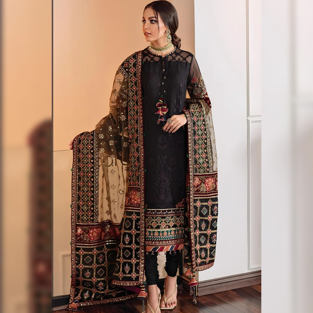 LF-BQ14 Lawn Unstitched Embroidered 3pc Suit With Organza Embroidered Dupatta