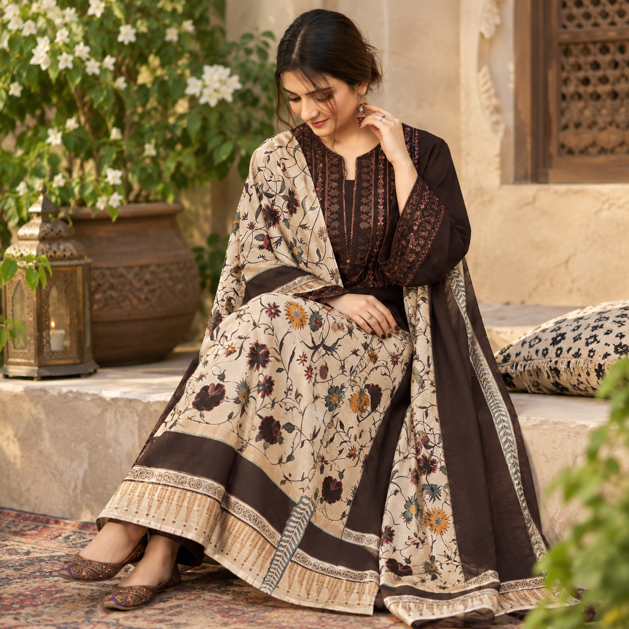 LF-845(B) Dhanak Embroidered Suit With Digital Printed Wool Shawl