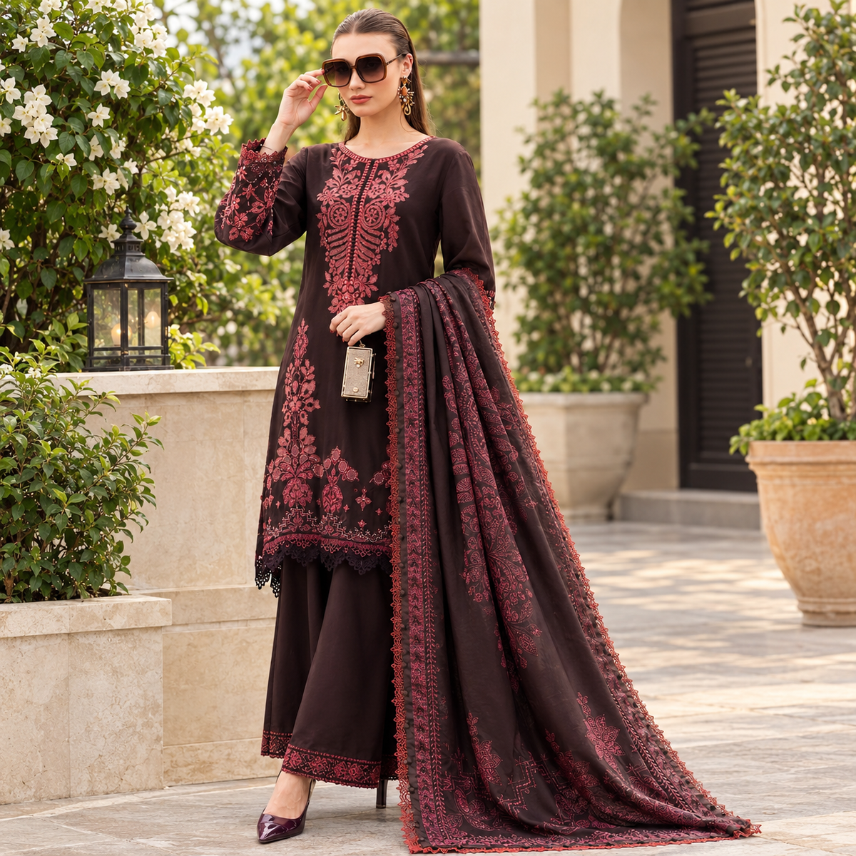 LF-MB3095 Dhanak Unstitched Embroidered 3pc Suit With Diamond Wool Printed Shawl