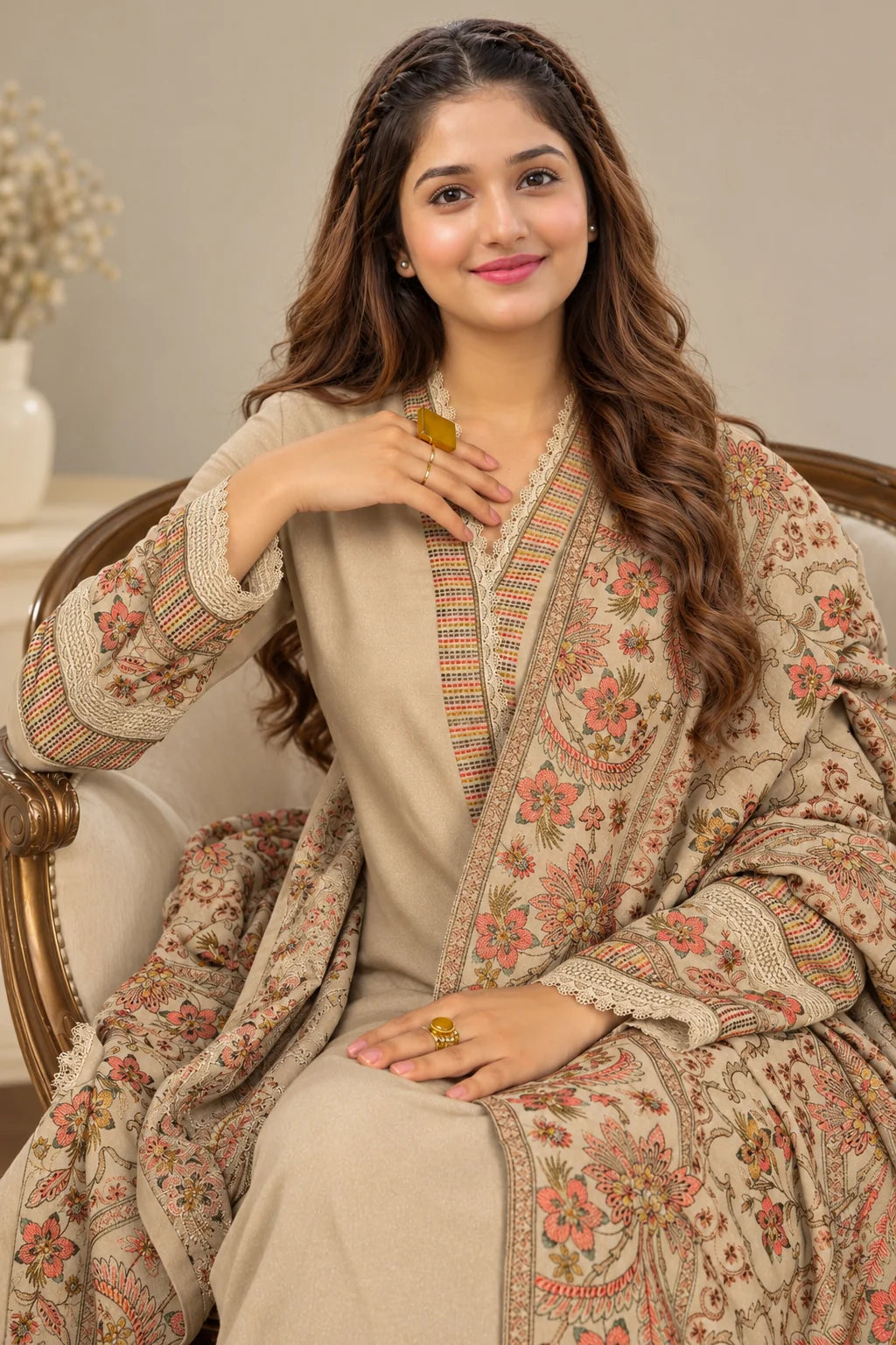 LF-528 (8.2 Meters) Luxury Dhanak Embroidered Suit with Dhanak Embroidered Shawl