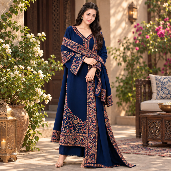 LF-BT2880(A) Unstitched Fully Embroidered Dhanak Suit With Embroidered Dhanak Shawl