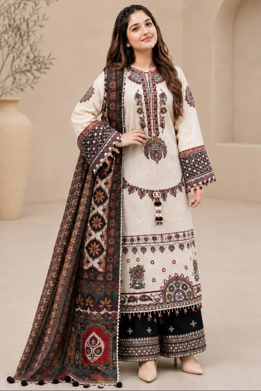 LF-JZ2800 Lawn Unstitched Fully Embroidered 3pc Suit With Poly Lawn Digital Printed Dupatta