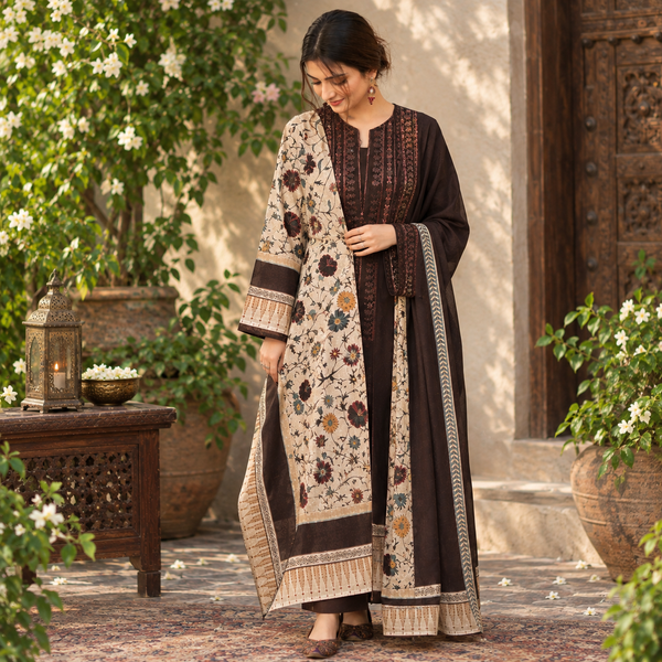 LF-845(B) Dhanak Embroidered Suit With Digital Printed Wool Shawl