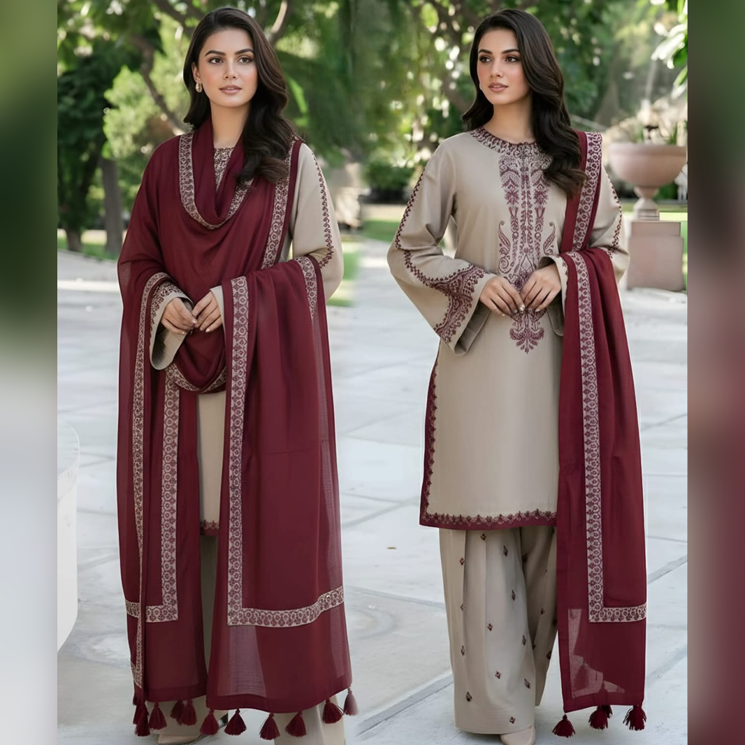 LF-KD910 Unstitched Embroidered Lawn Suit With Lawn Embroidered Dupatta & Embroidered Trouser