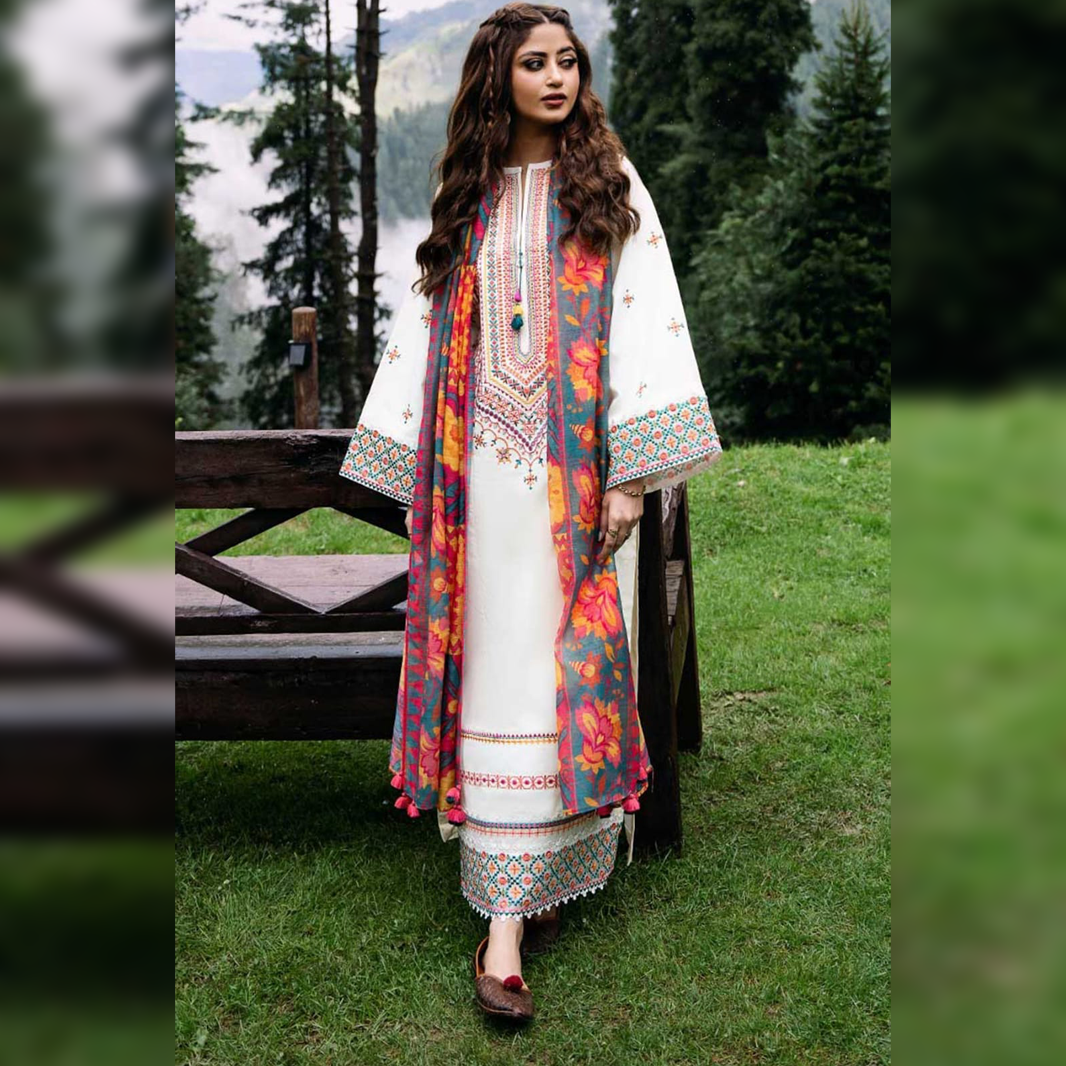 LF-SP2575 Unstitched Fully Embroidered Lawn Suit With Digital Printed Monar Dupatta