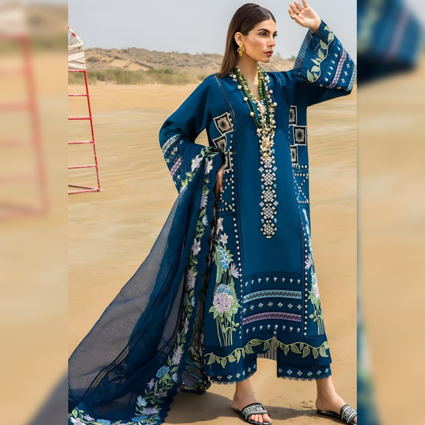 LF-CM30 Lawn 3Pc Unstitched Heavy Embroidered Lawn Suit With Embroidered Organza Dupatta