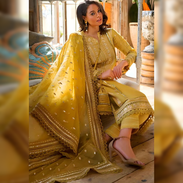 LF-1342 Sequence Embroidered Unstitched Lawn 3pc Suit With Sequence Embroidered Organza Dupatta