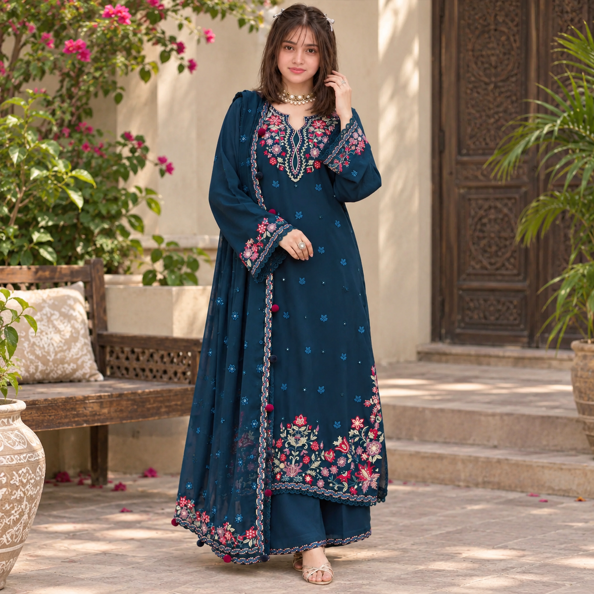 LF-BT4200 Dhanak Unstitched Sequence Embroidered 3pc Suit With Fully Embroidered Dhanak Shawl