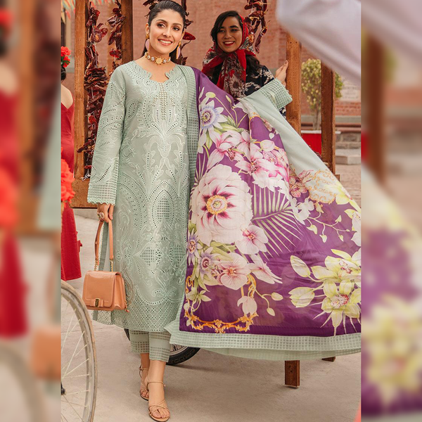 LF-MS42 Embroidered Chikenkari Unstitched Lawn 3pc Suit With Silk Printed Dupatta