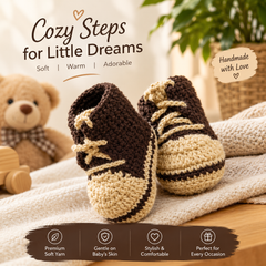 Handmade Baby Crochet Booties – Brown & Cream Knitted Baby Shoes with Lace-Up Design